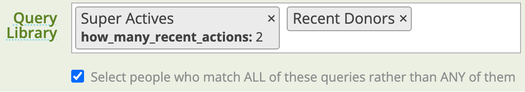 The mailer targeting "query report" field with two reports selected and the "Select people who match ALL of these queries rather than ANY of them" option checked.