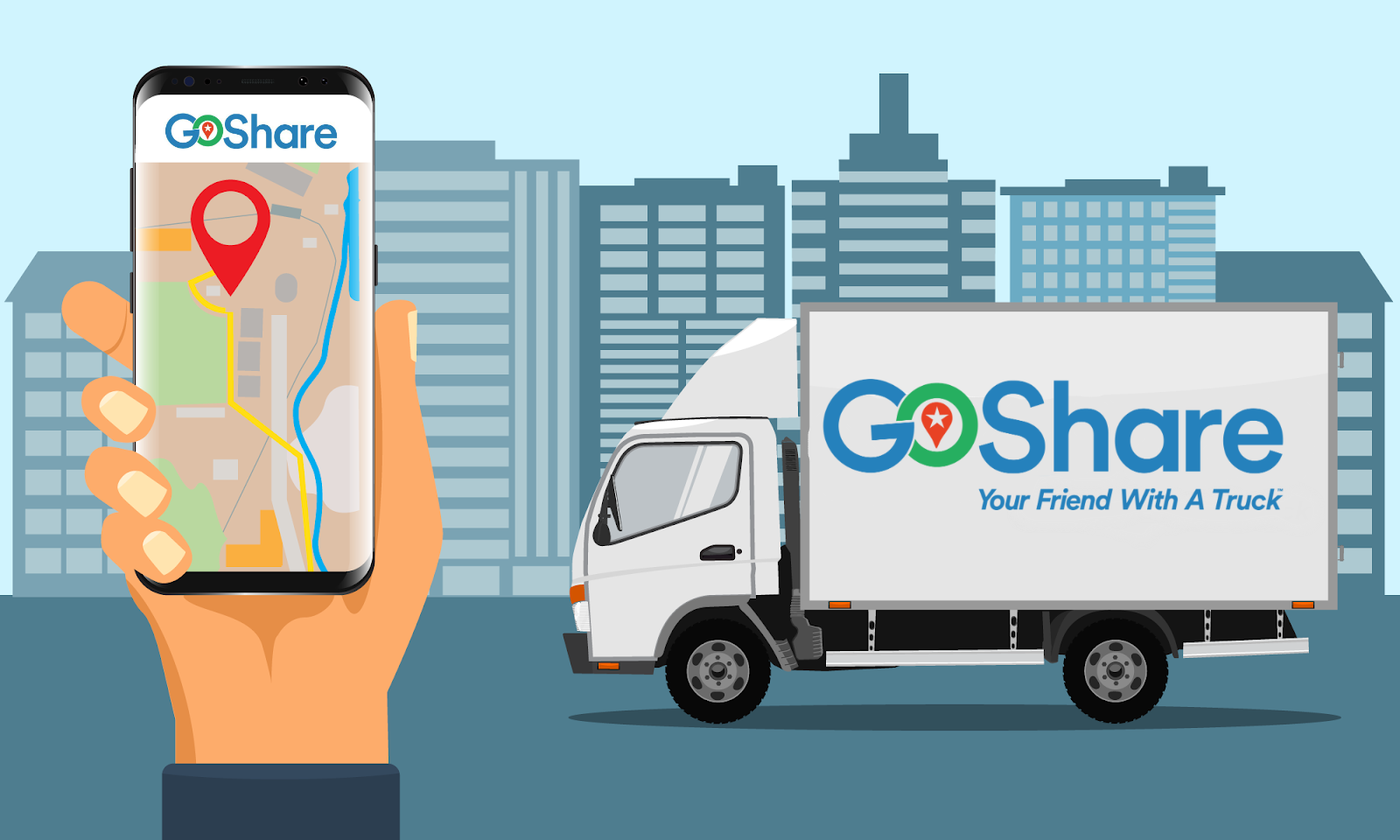 A cartoon rendering of a GoShare truck in front of a cityscape, with a hand holding a smartphone in the foreground. The truck is a white four-wheel moving truck with the GoShare logo and the words "Your Friend With A Truck" in blue and green on the side. The smartphone screen shows the GoShare logo over a map with a red locator symbol.