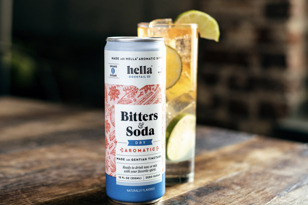 a bitters & soda can with a drink on display by Hella Cocktail Co.