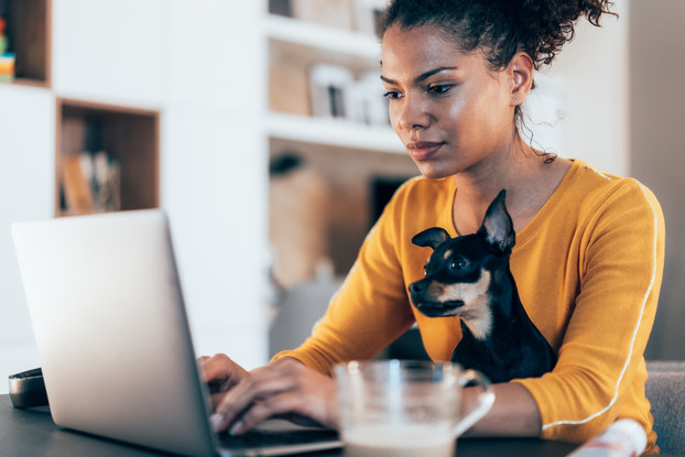 woman working on laptop with puppy on her lap