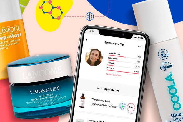 image of good face project's digital tool on a phone screen surrounded by beauty products