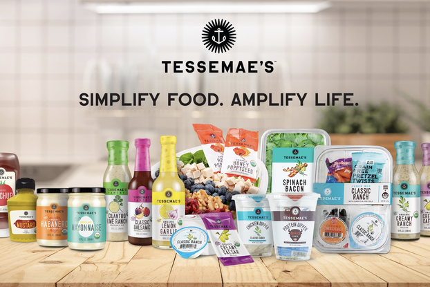 Display of Tessemae's products on a kitchen counter.