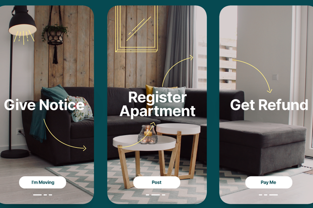 Image of the steps involved in working with Doorkee: Give Notice, Register Apartment, and Get Refund.