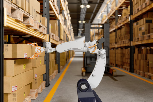 Robot inside a fulfillment center picking packages.