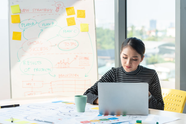 A woman works on a laptop in an office. On a whiteboard behind her, there are several sticky notes and handwritten charts about business projects and plans.