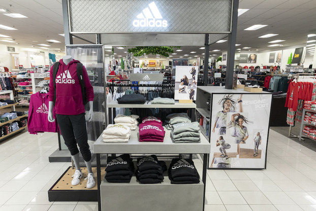 Adidas display section inside a Kohl's location.