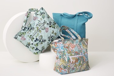  Product display of floral bags by Vera Bradley. 