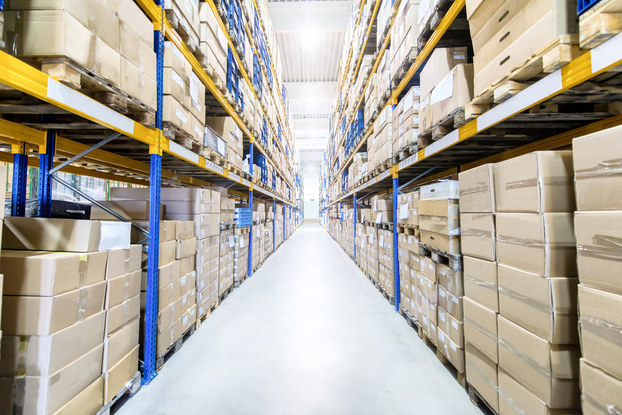 Large and modern warehouse with boxed products