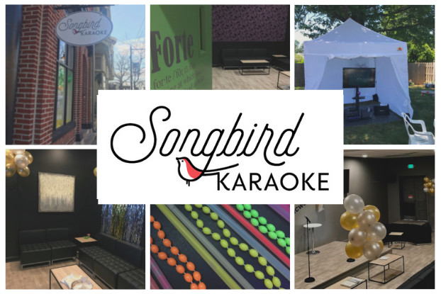 A collage of images arranged behind the Songbird Karaoke logo, which is the word "Songbird" in cursive above the word "Karaoke" in capital letters and a red-and-white bird perched in the tail of the "g" in "Songbird." The six pictures in the collage are (clockwise from top left) the outside of Songird's location, a seating area with a green wall decorated with text defining the word "Forte," an outdoor karaoke setup with a TV screen under a white tent, a karaoke room with a small stage decorated with gold and silver balloons, a close-up on three sets of neon-colored beaded necklaces, and a seating area in a karaoke room decorated with gold and silver balloons and tinsel.