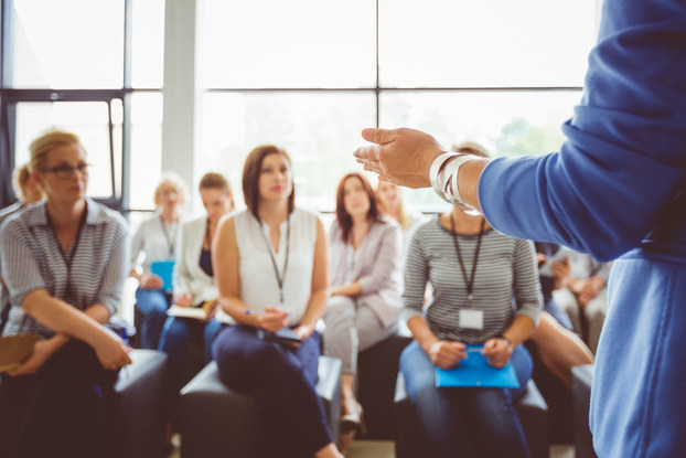 A group of seated people wearing lanyards watch and listen to a speaker, who is only partially visible to the camera. The speaker is wearing a blue jacket and facing away from the camera.