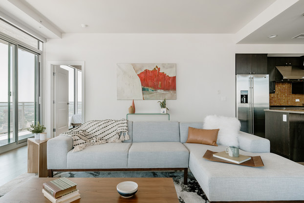 Interior of Guest House setup with staged furniture.