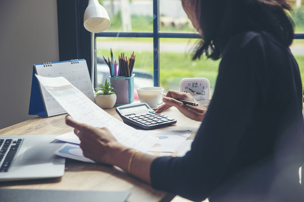 Professional Businesswoman analyzes pricing report at home office.