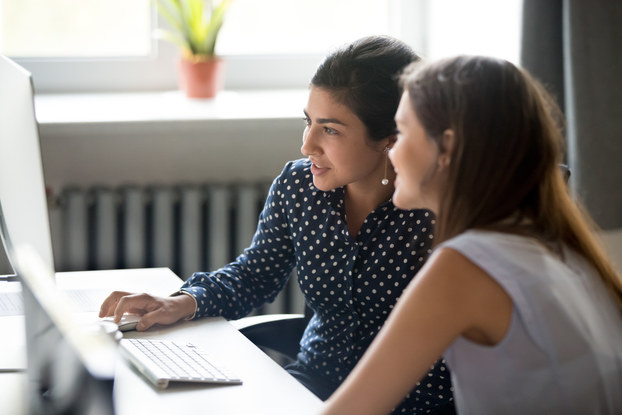 Two woman seen in profile are sitting at a desk and looking at a computer monitor. The woman on the left is slightly more in focus; her hand is on the computer mouse as if she is using the computer. In the background are a radiator and a window ledge on which a potted plant sits.