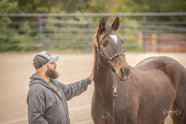 A bearded man in a baseball hat pets a brown horse