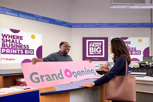Interior of a Staples location showing marketing materials geared toward small businesses.
