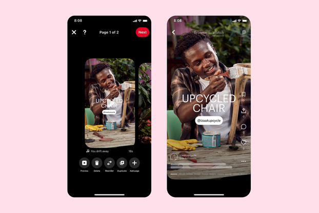 Smartphone screenshots of Pinterest's new Idea Pins.