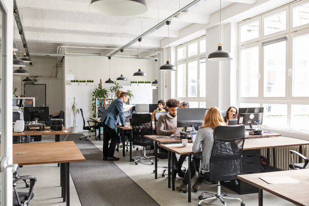 Business people working at desks. Male and female professionals working in modern office space.