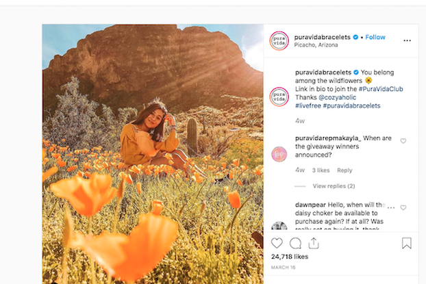 screen shot of pura vida's instagram