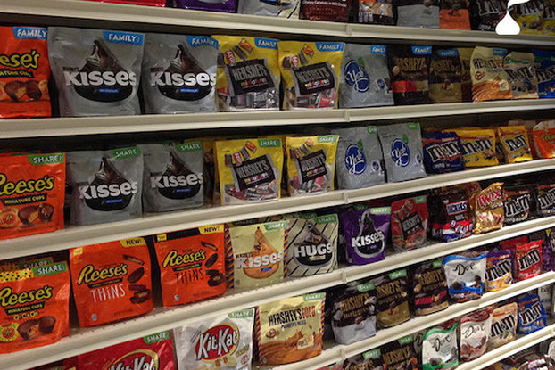 Hershey candy on grocery store shelf