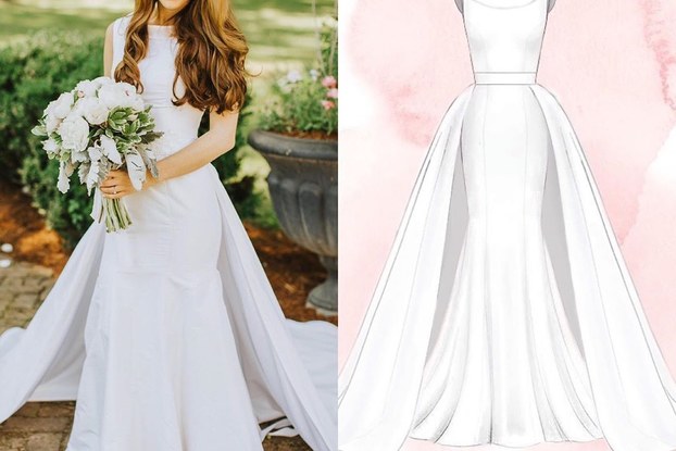 side-by-side shot of anomalie bride with sketch of dress