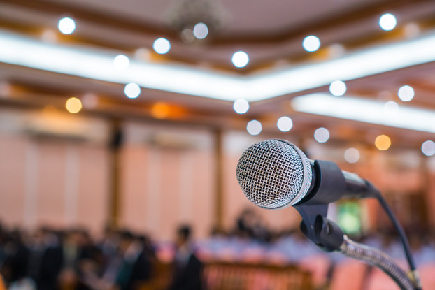 close up on microphone in presentation room