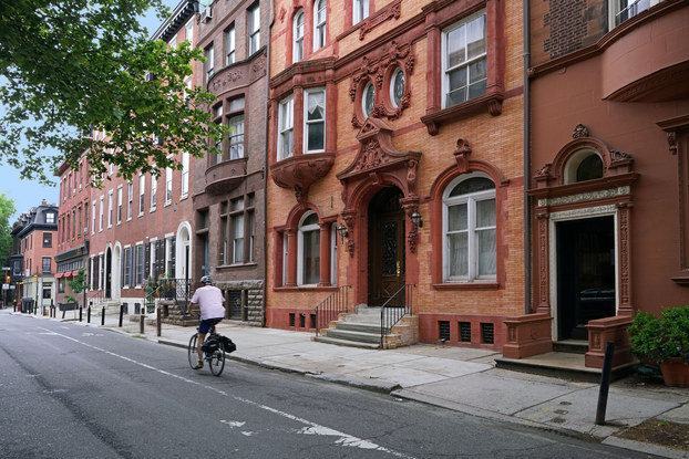 city street with brownstones