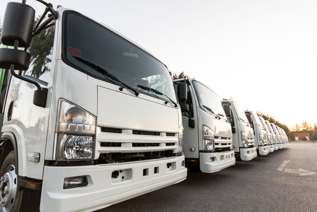 A line of white delivery trucks