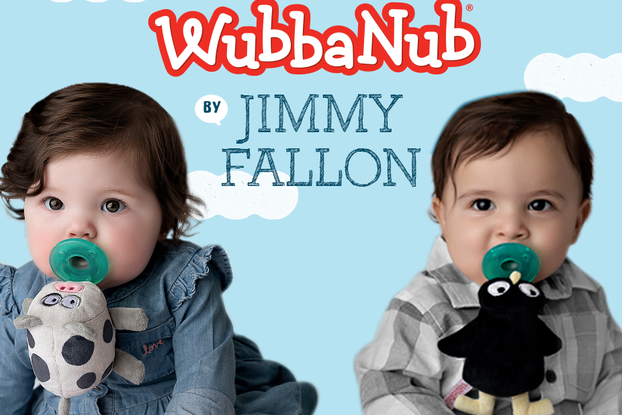 wubbanub ad with babies using wubbanub and jimmy fallon pacifiers