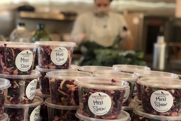 Meal prep in the Early Bird Cookery kitchen.