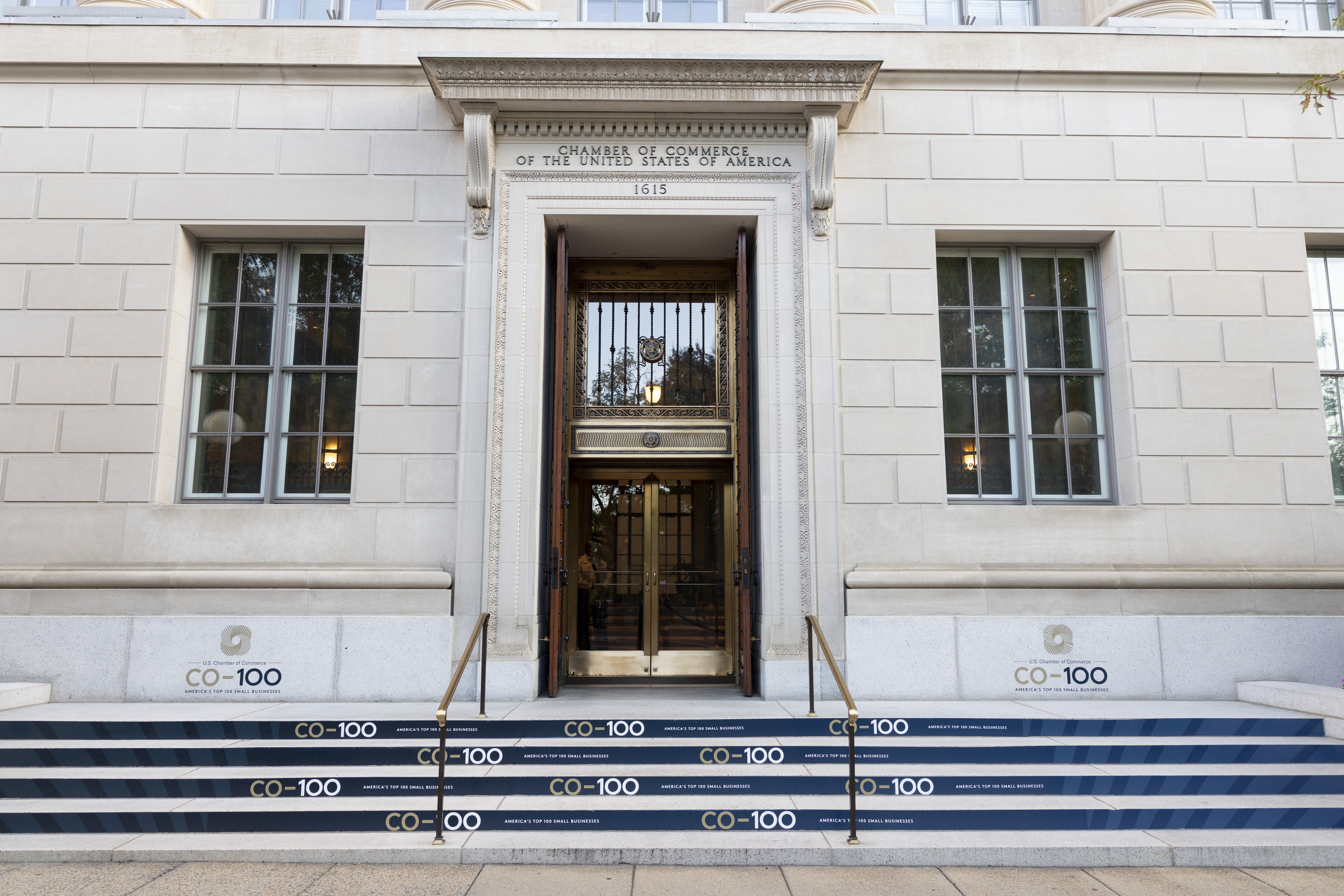 The exterior of the U.S. Chamber of Commerce building decorated for the CO—100.