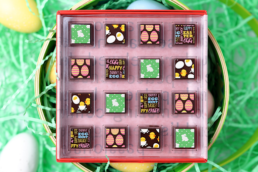 A basket with chocolates in it from Delysia Chocolatier.