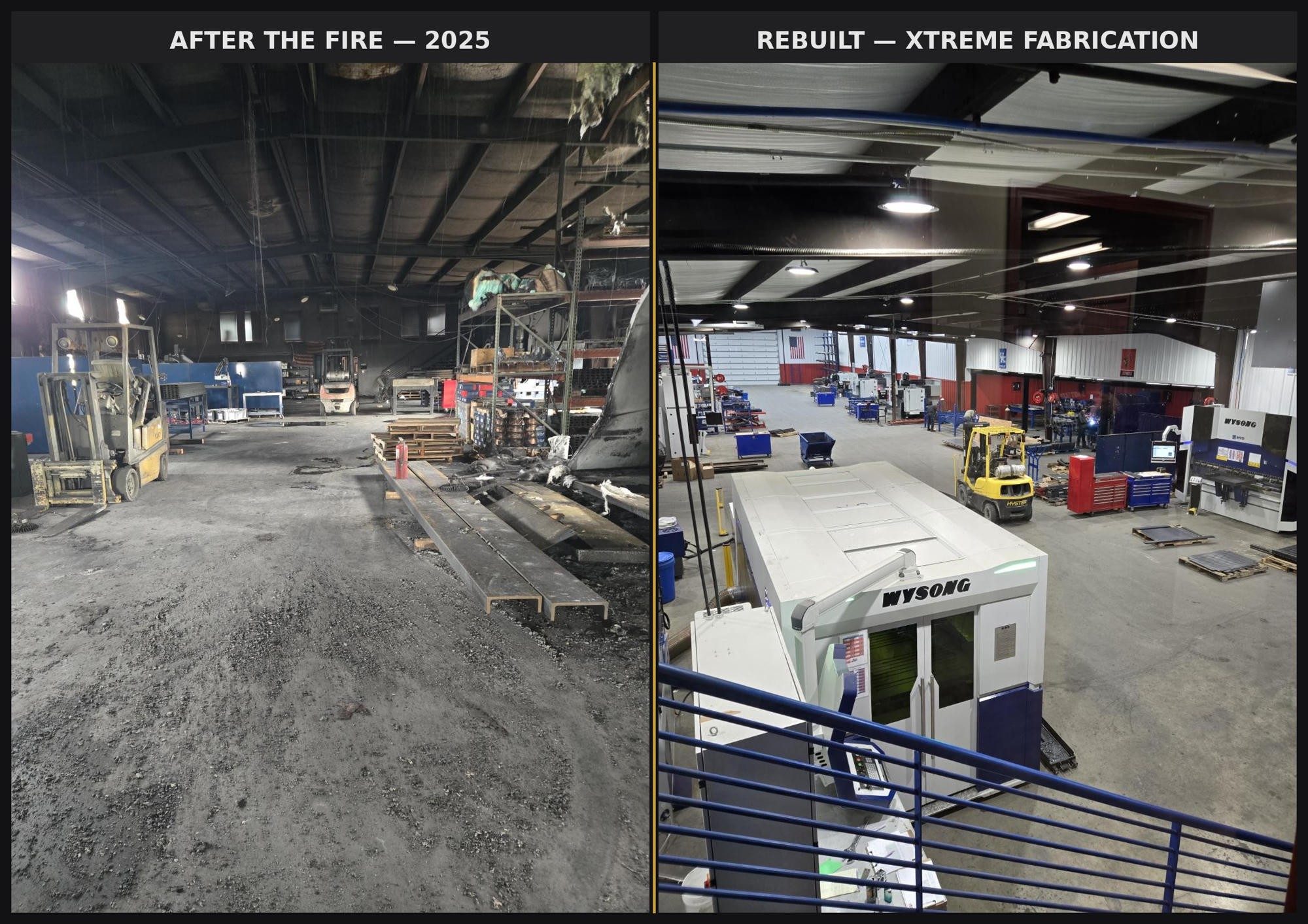 a side-by-side comparison of the Xtreme Fabrication facility before and after a fire that caused $5M in damage