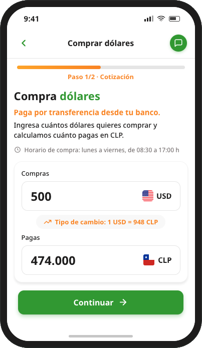 Pantalla de la App Afex para comprar dólares: ingresas los USD a comprar y ves cuánto pagas en CLP