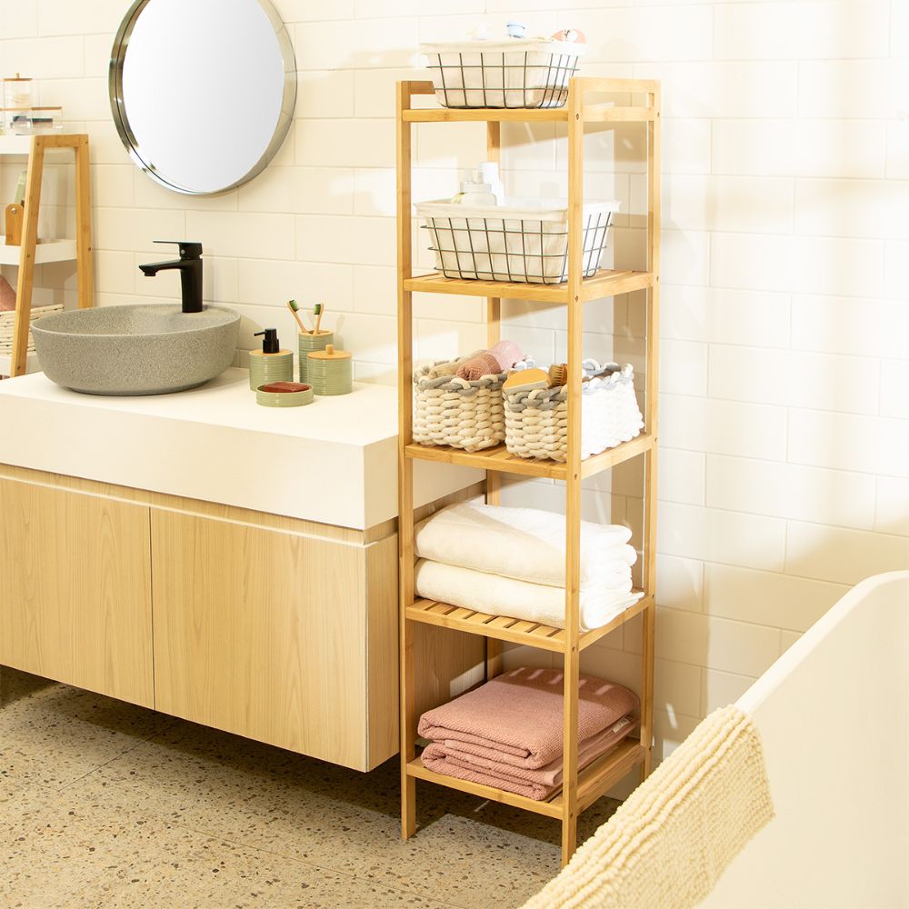Repisa MDF y Madera Bambú Alta 5 Bandejas 33x34x140 cm