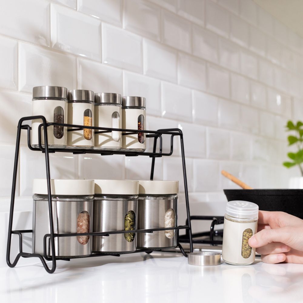 Set 8 Especieros Vidrio con Cubierta de Acero Inoxidable con Rack 2 Niveles