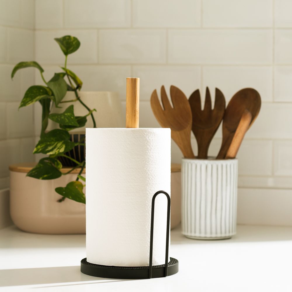Porta rollo de papel de metal y madera 15,8x15x35 cm