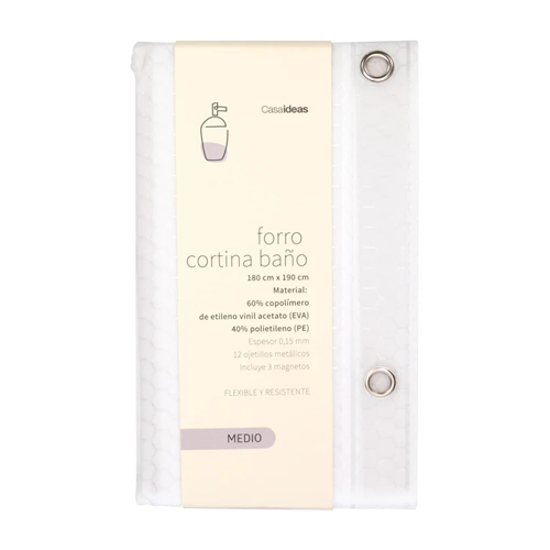 Forro Blanco para Cortina de Baño Texturizado Flexible y Resistente 12 Ojillos Incluye 3 Imánes 180x190 cm
