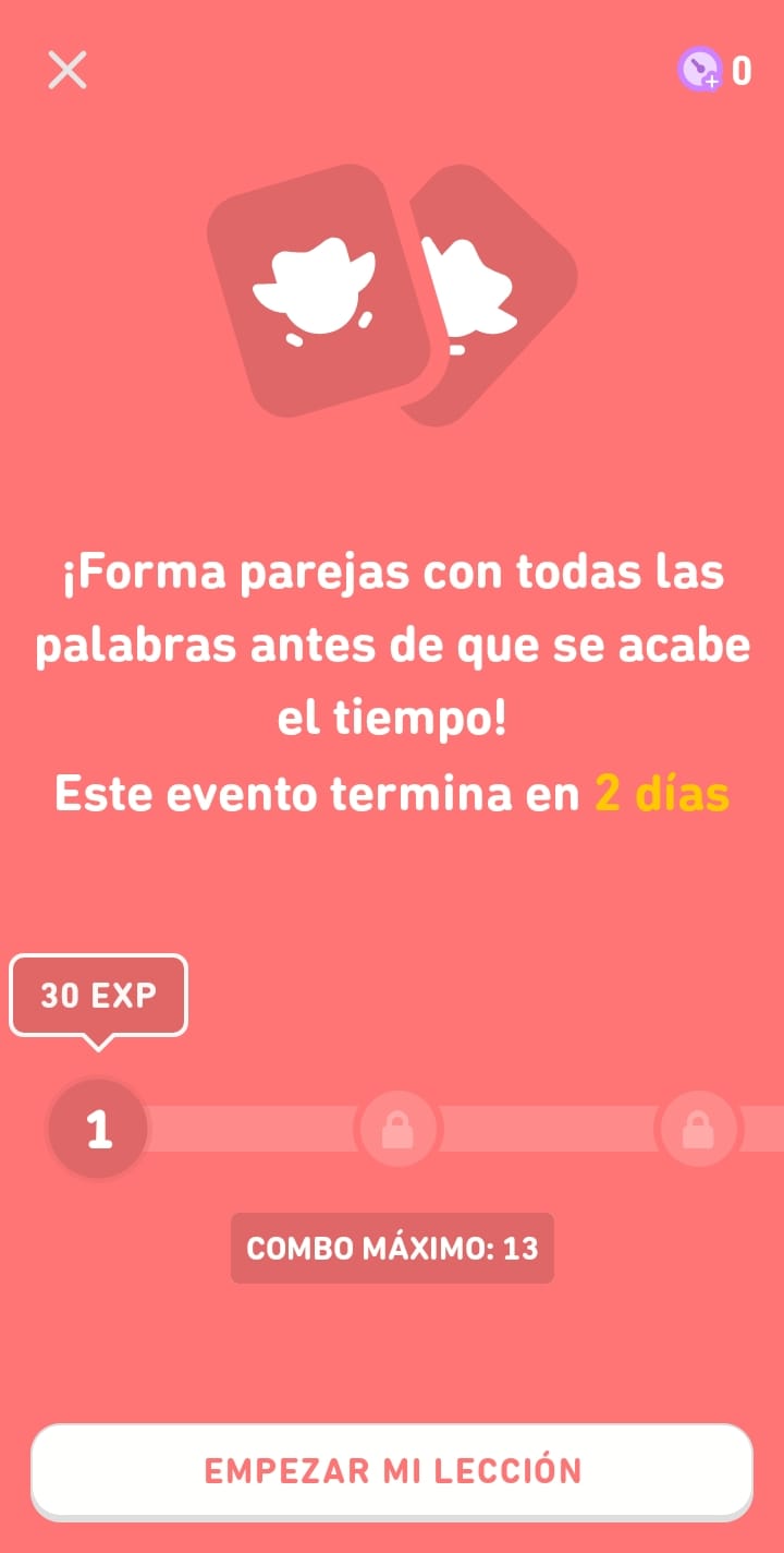 Captura de pantalla de las instrucciones de Parejas locas. El texto dice: “Forma parejas con todas las palabras antes de que se acabe el tiempo. Este evento termina en 2 días”. Sobre el nivel 1 hay un recuadro que dice “30 EXP”.