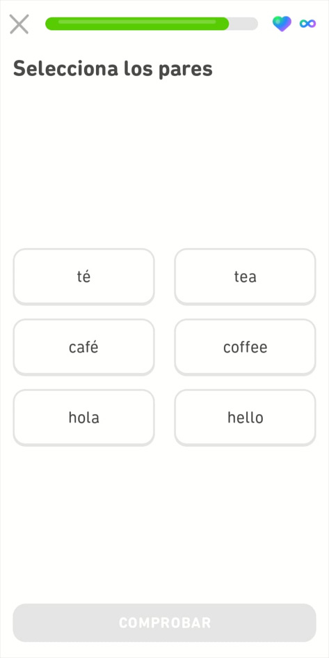 Ejercicio que muestra dos columnas con seis botones. La columna de la izquierda contiene palabras en español y la de la derecha en inglés. La consigna dice “Selecciona los pares”