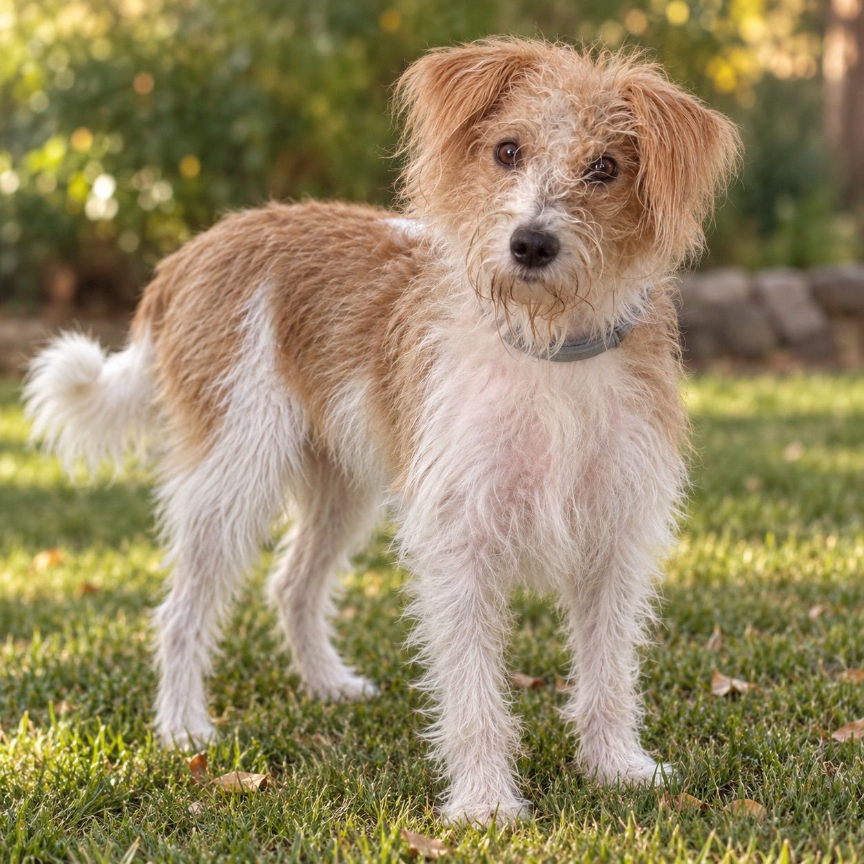 Tan-and-white dog standing outdoors in the grass
