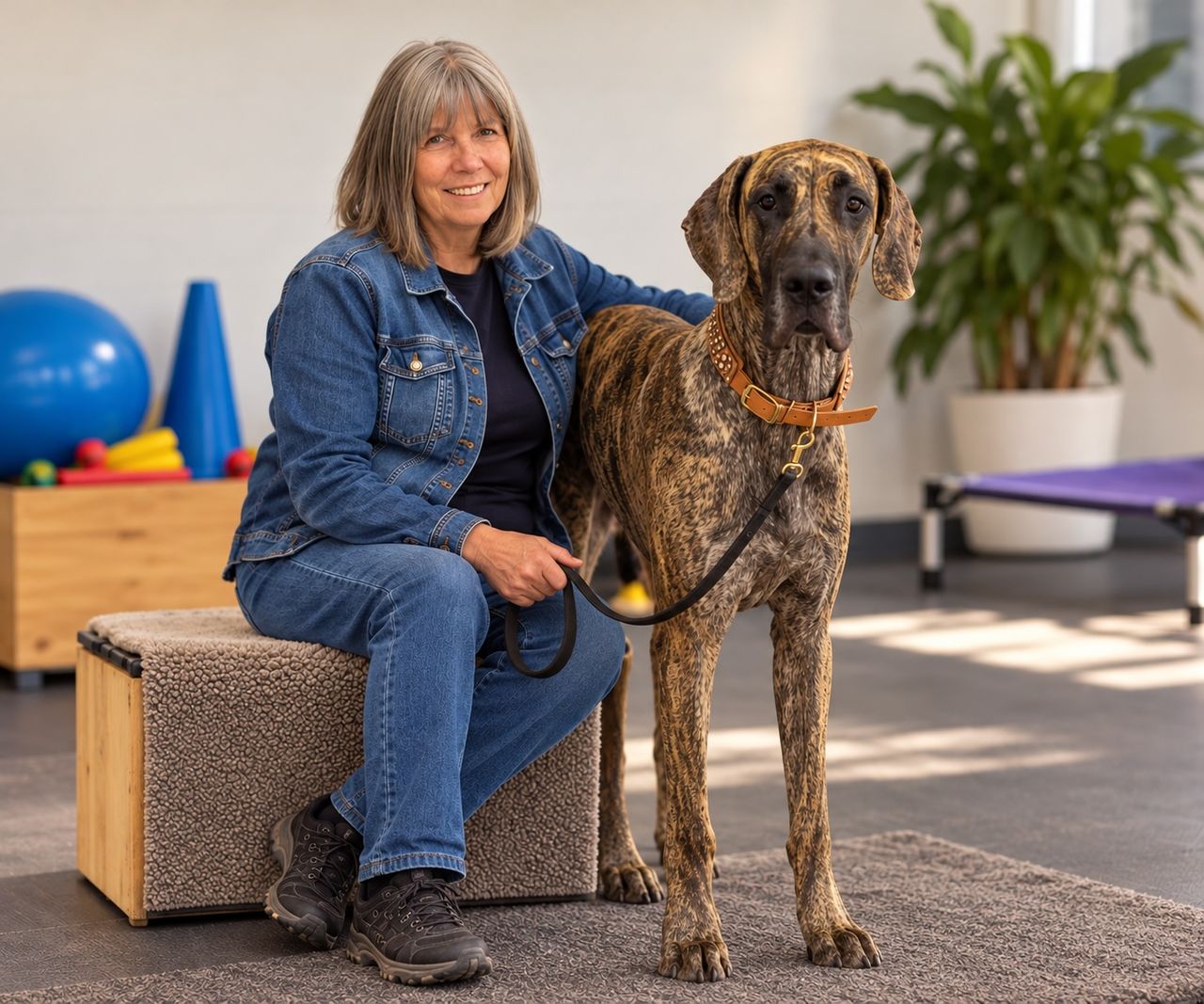 Chris Bevillard seated beside a brindle Great Dane in the training space