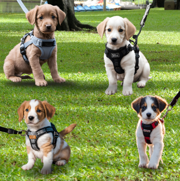 Four curious puppies on leads – click to explore puppy socialisation sessions near you in Cottingley (near Shipley)