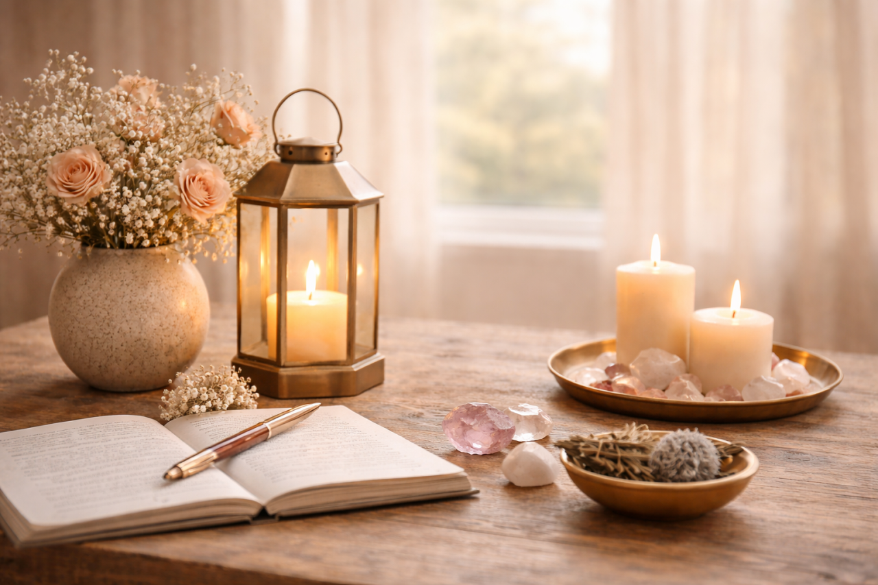 Ett stämningsfullt stilleben på ett träbord med en öppen anteckningsbok och en penna i förgrunden. Till vänster syns en vas med rosor och brudslöja, två tända ljus – ett i en lykta och två på ett bricka – samt kristaller och torkade örter. Bakom bordet ett fönster med skira gardiner och varmt solljus.