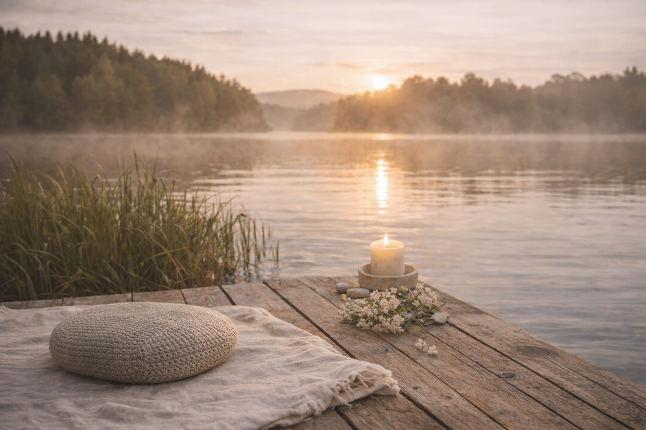 Rogivande sjö i solnedgång med ljus och meditationskudde på en brygga.