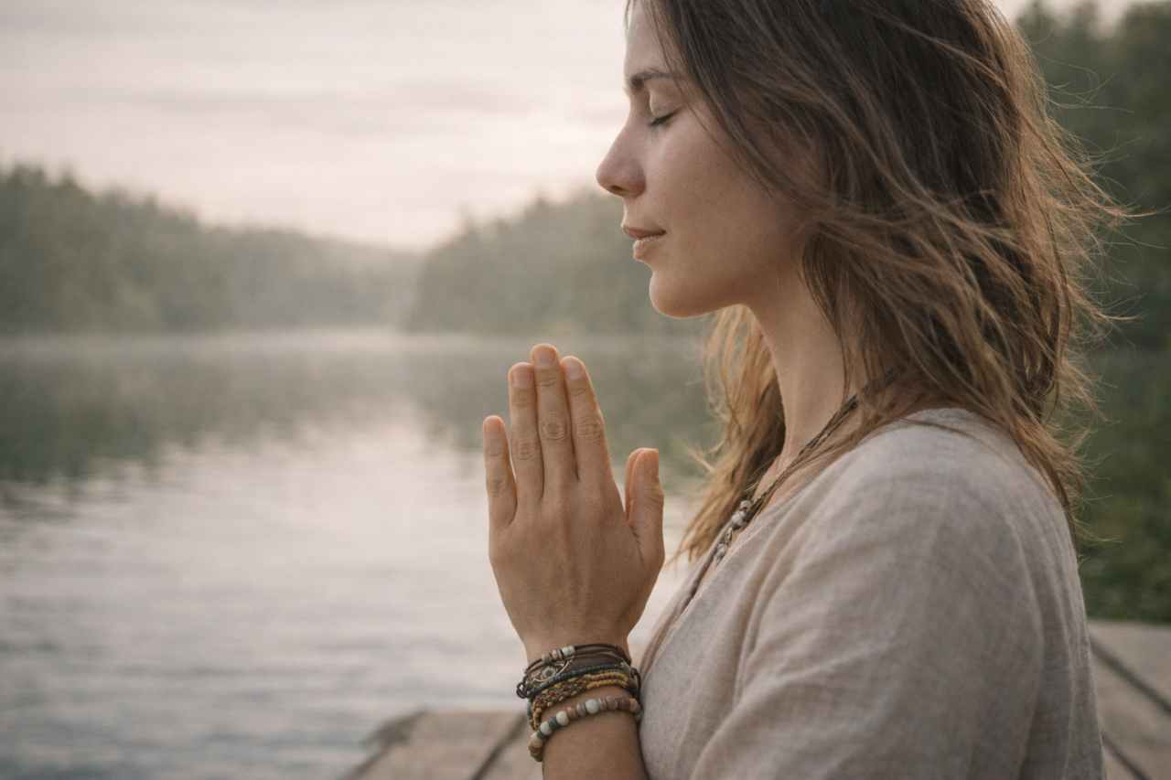 En närbild i profil av en kvinna med slutna ögon, som mediterar vid en sjö under en vacker solnedgång. Hennes händer är samlade framför hjärtat i böneställning (Anjali Mudra), och hon bär flera flätade pärlarmband på sin handled. En varm, gyllene sol strålar precis bakom hennes händer och skapar en mjuk linsöverstrålning. Bakgrunden visar en lugn vattenyta med en avlägsen trädlinje under en blå och rosa kvällshimmel. Ljuset ger ett varmt sken över hennes profil och händer, och fångar stillheten i stunden.