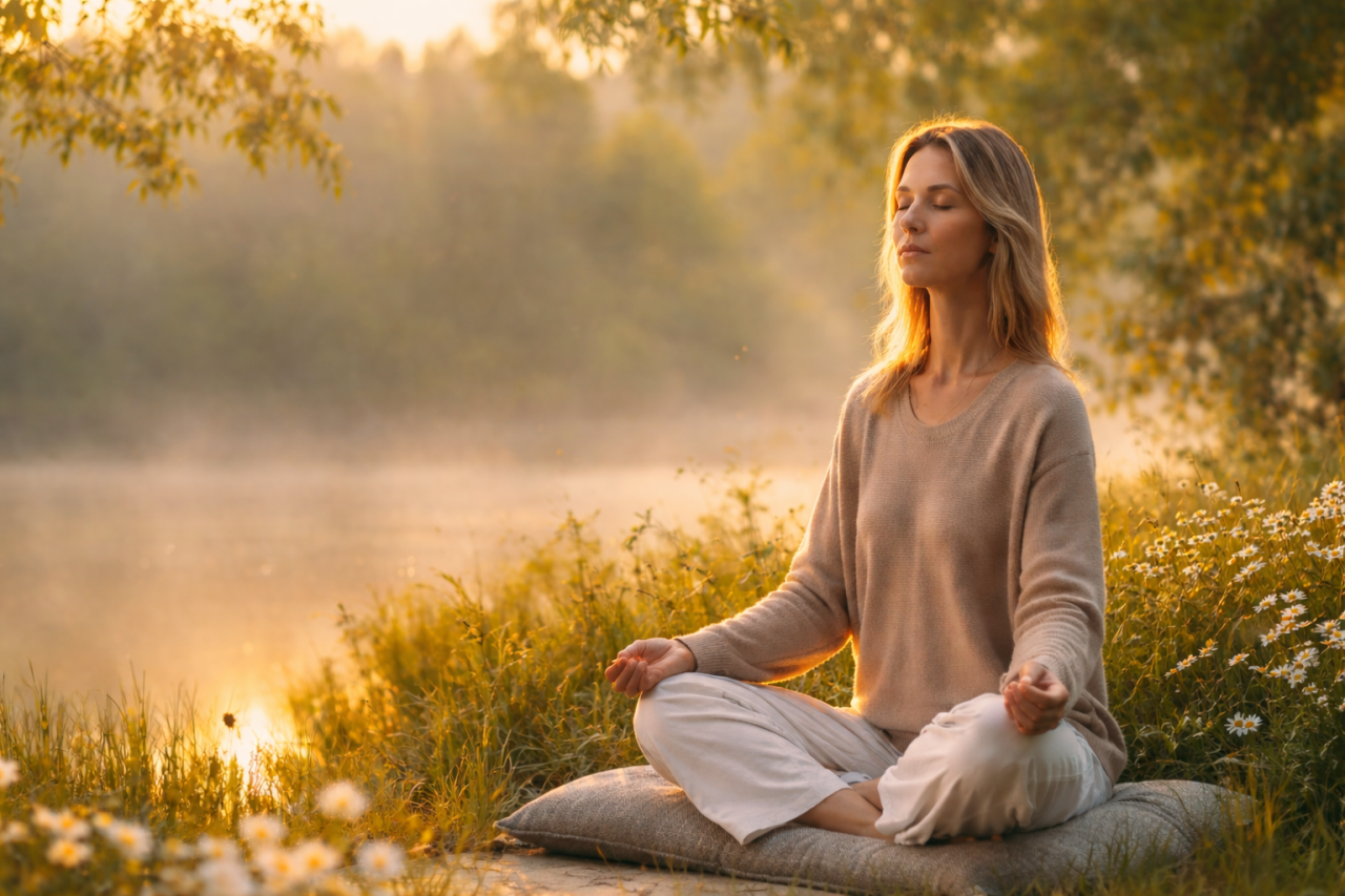 Fridfull och harmonisk bild av en kvinna som mediterar utomhus vid ett vattenbryn under den gyllene timmen. Hon sitter i stillhet på en kudde med slutna ögon, omgiven av prunkande prästkragar och ett mjukt dis över sjön, vilket illustrerar resan mot inre ro hos Lindblom Academy.