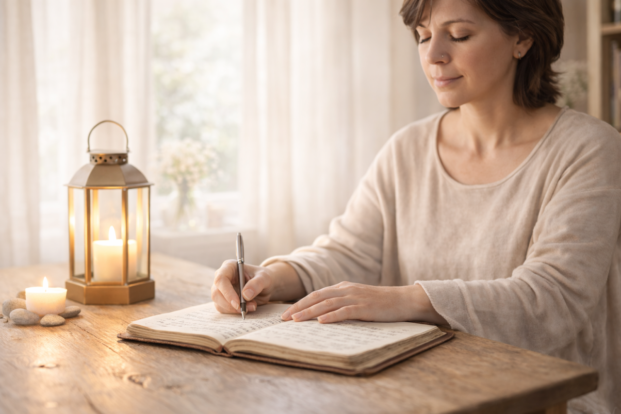En kvinna som skriver i en journal vid ett rustikt träbord upplyst av en varm mässingslykta – symboliserar den disciplinerade fördjupningen i transmediumskap hos Lindblom Academy.