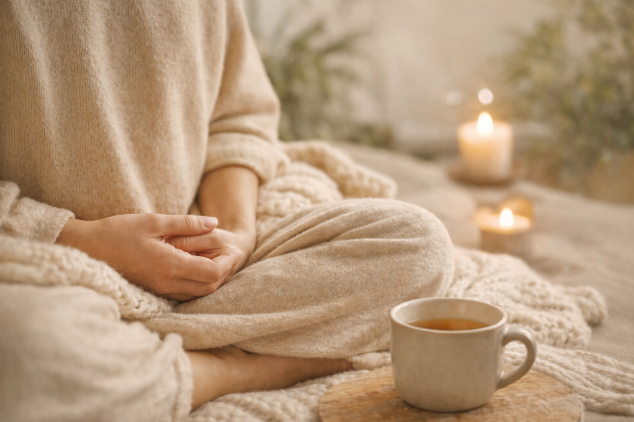 En person sitter i en rofylld meditationsställning i en varm och mjukt upplyst miljö. Intill finns en kopp te och ett tänt ljus som förstärker den harmoniska atmosfären vid Lindblom Academys meditationskurs.