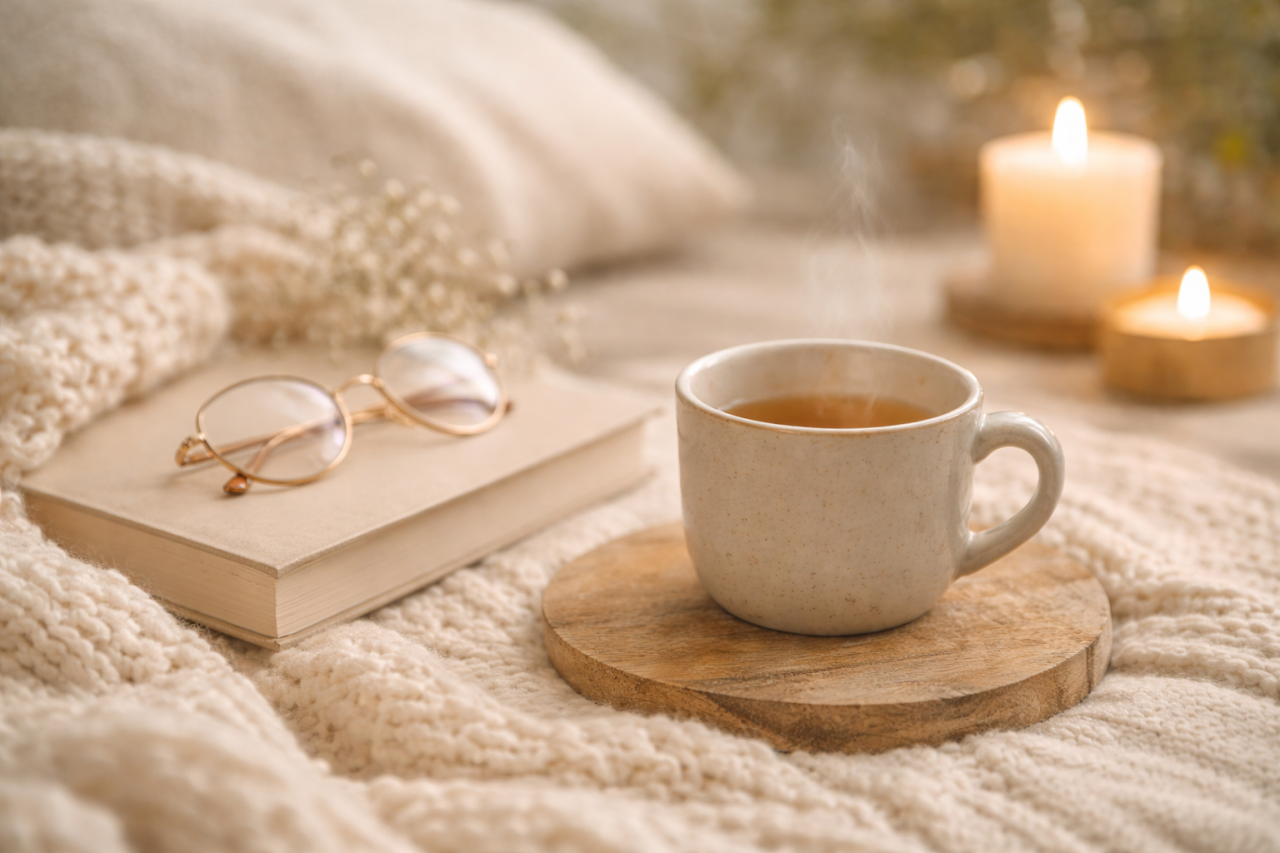 Stämningsfull närbild på en kopp te, en bok med ett par glasögon och ett brinnande ljus på en mjuk pläd. Bilden förmedlar den vardagsharmoni och återhämtning man lär sig genom meditation hos Helena Lindblom i Västerås.