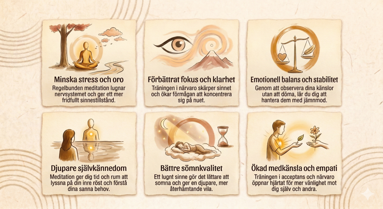 Infografik som visar innehållet i meditationskursen från Lindblom Academy - Inner Spirit Light. Texten beskriver videokurs i egen takt, steg-för-steg-guidning, guidade meditationer, tryckt bok som skickas hem, stöd för en hållbar rutin samt att kursen passar nybörjare.